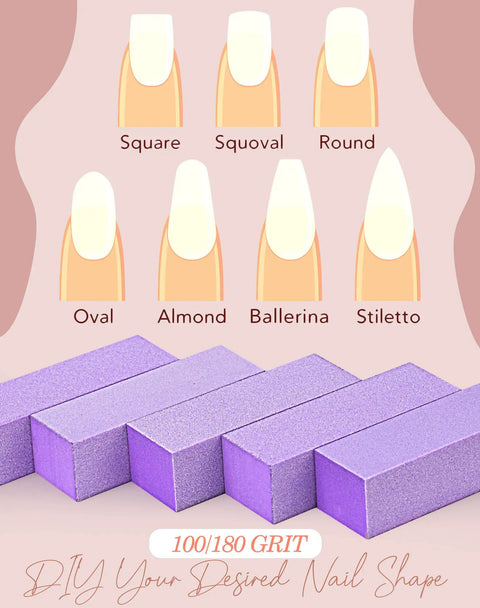 Purple Nail Buffer Block Set For Manicures And Pedicures, Medium And Fine Grit 100 180 Buffers, 5 Count with various nail shapes