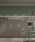 Modern kitchen cabinets with gold edge finger pulls for cabinets, 6 inch set of 10 aluminum concealed tab drawer handles in brushed brass finish.