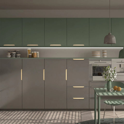 Modern kitchen cabinets with gold edge finger pulls for cabinets, 6 inch set of 10 aluminum concealed tab drawer handles in brushed brass finish.