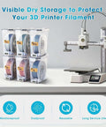 Filament Storage Box Set For 3D Printer Four Pack 4L Containers with Hygrometers next to a 3D printer on a table