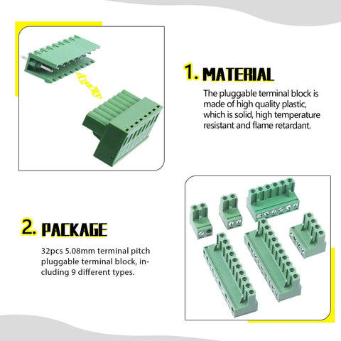 32 Set Value Pack Pluggable Terminal Block Connector Kit With Male And Female Sockets, 5.08mm Pitch, PCB Mount, assorted types displayed