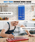 Blue 68 Nut and Bolt Thread Checker gauge with SAE and Metric scales and drill-bit gauge, mounted on pegboard.