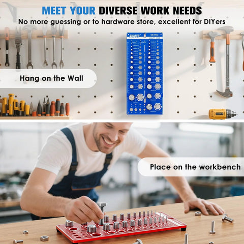 Blue 68 Nut and Bolt Thread Checker gauge with SAE and Metric scales and drill-bit gauge, mounted on pegboard.