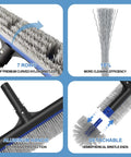 Close-up of Deluxe Five-In-One Pool Cleaning Kit brush with detachable 20-inch head, nylon bristles, and aluminum handle features.