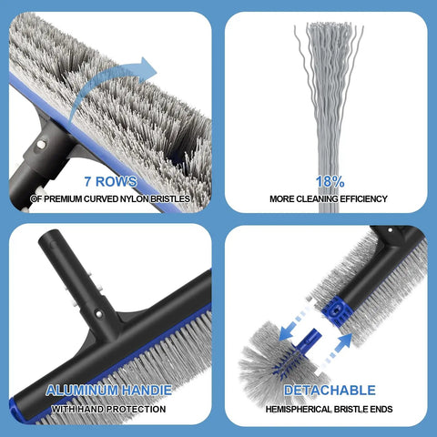 Close-up of Deluxe Five-In-One Pool Cleaning Kit brush with detachable 20-inch head, nylon bristles, and aluminum handle features.