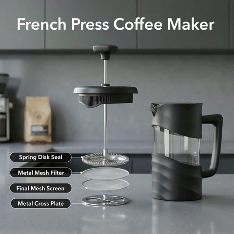 French Press Coffee Maker 20 Oz On The Go With Heat Resistant Borosilicate Glass And Stainless Steel 4 Level Filtration System