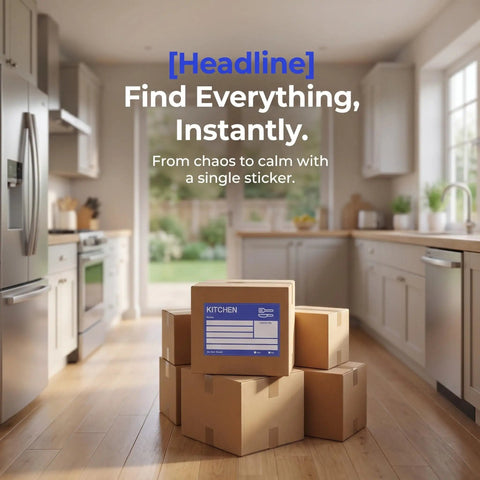 Color Coded Moving Box Labels 160 Pack With Writable Notes Area 6x4 Inches on stacked boxes in kitchen