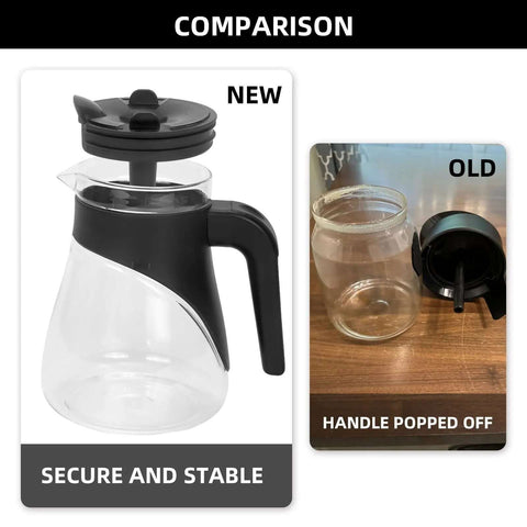 Comparison of new 60 Oz Glass Coffee Carafe Replacement For Ninja Coffee Makers and old model with popped off handle.