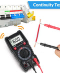 Beefy Digital Multimeter With Case For Home DIY And Auto Troubleshooting, conducting a continuity test with test leads.