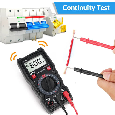 Beefy Digital Multimeter With Case For Home DIY And Auto Troubleshooting, conducting a continuity test with test leads.