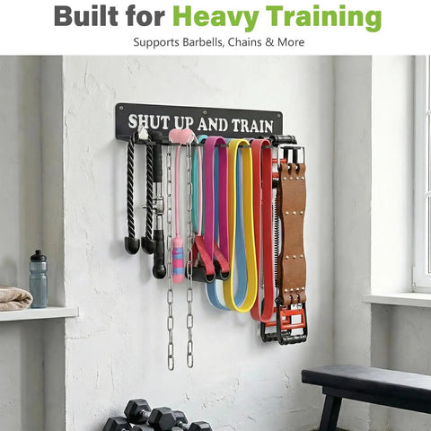 Built Like A Tank Wall Mounted Workout Gear Organizer Rack With Eight Heavy Duty Hooks For Hanging Barbells Resistance Bands Jump Ropes And Belts In Garage Or Home Gyms.