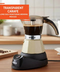 Dang Compact Two Cup Electric Espresso Maker With Cool Touch Handle Brews Rich Smooth Coffee Straight Up For Small Apartment Countertops And Office Desks on a wooden counter.