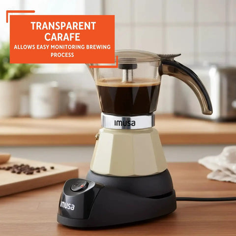 Dang Compact Two Cup Electric Espresso Maker With Cool Touch Handle Brews Rich Smooth Coffee Straight Up For Small Apartment Countertops And Office Desks on a wooden counter.