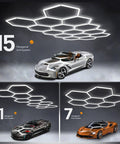 Hexagon Garage LED Lights 30 Pack Ultra Bright 420W 63,000 Lumen 5000K Daylight in multi-grid overhead installation views