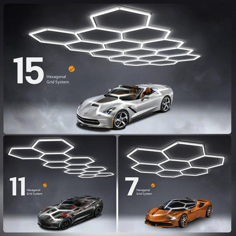Hexagon Garage LED Lights 30 Pack Ultra Bright 420W 63,000 Lumen 5000K Daylight in multi-grid overhead installation views