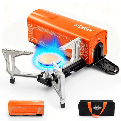 All In One Compact Portable Butane Camping Stove With Foldable Bucket Style Design And Included Carry Bag, orange color