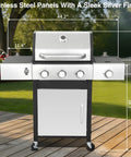 Three Burner Propane Gas Grill With Side Burner And Cabinet Storage, 39,000 BTU Backyard BBQ Grill With Porcelain Enamel Cast Iron Grates For Perfect Sear Marks And Even Heat
