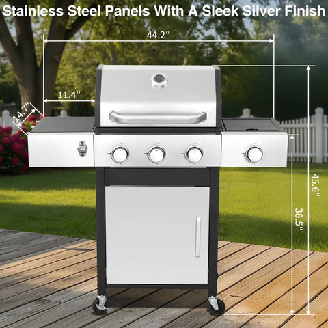 Three Burner Propane Gas Grill With Side Burner And Cabinet Storage, 39,000 BTU Backyard BBQ Grill With Porcelain Enamel Cast Iron Grates For Perfect Sear Marks And Even Heat