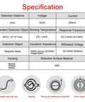 Inductive Proximity Sensor Switch M8 5V DC, 200mA Output, NPN Normally Open, diagram with specifications and features