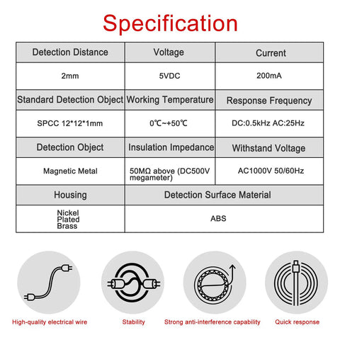 Inductive Proximity Sensor Switch M8 5V DC, 200mA Output, NPN Normally Open, diagram with specifications and features