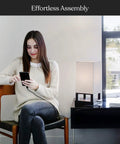 Woman using Maxwell Bedside Lamp With USB Port For Bedroom And Living Room Cozy Wood Frame Nightstand Light With Soft LED Glow