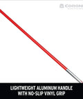 Red aluminum handle of Fixed Tine Shrub Rake With Aluminum Handle 8 Inch Wide For Quick Cleanup Of Leaves And Debris In Your Yard.