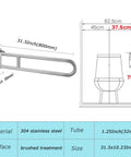 Flip Up Toilet Grab Bar 31.5 Inch Stainless Steel Wall Mounted Safety Bar For Bathroom Use with dimensions and installation diagram.