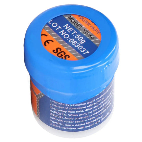 Premium No Clean Solder Paste Sn63 50g jar for SMT PCBA LED Electronics Repair and Assembly labeled with lot number.