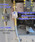 Front view MCAMPAS dual-fuel gas regulator kit with brass fittings and 1/2 in natural gas hose; two regulators shown