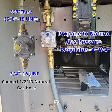 Front view MCAMPAS dual-fuel gas regulator kit with brass fittings and 1/2 in natural gas hose; two regulators shown