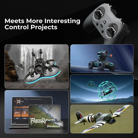 Collage of LiteRadio 4 10 Channel Radio Transmitter with usage in drones, robots, fixed-wing, drone soccer; remote control visible.