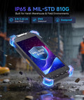 Rugged 5 Inch Android Barcode Scanner With 4G LTE WiFi GPS IP65 Zebra SE4710 Engine in warehouse, showing MIL-STD 810G durability testing.