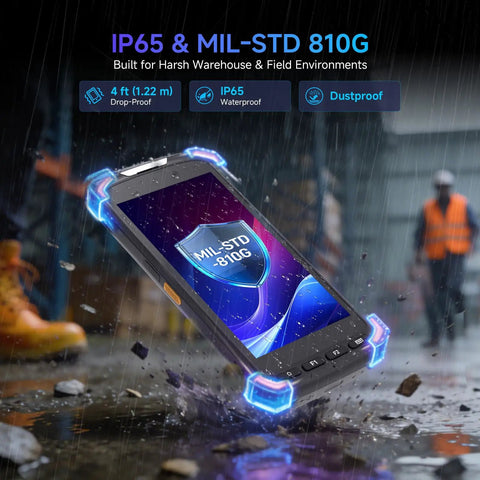 Rugged 5 Inch Android Barcode Scanner With 4G LTE WiFi GPS IP65 Zebra SE4710 Engine in warehouse, showing MIL-STD 810G durability testing.