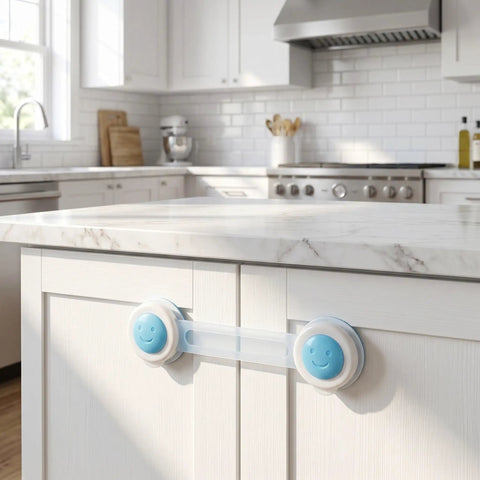 8 Pack Baby Proof Cabinet Locks No Drill Adhesive Mount Safety Locks visible on white kitchen cabinet