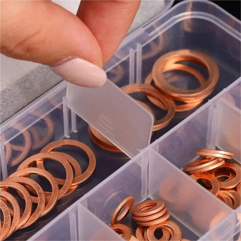 Badass Flat Copper Washers 100 PCS M4 To M14 Oil Drain Sump Plug Seal Kit For Cars Boats Trucks Engine Repair Universal Fit Saves Money DIY Fixes Keeping Things Leak Free Smooth Operation And No Worries In Your Ride Now Today. copper washers in organizer box