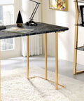 Adjustable Standing Computer Desk With Built Storage And Power Port, Sleek Faux Marble Work Table For Home Office, Gold Metal Frame close-up view with lamp and decor.
