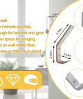 Image of measurements and features for Four Pack Motorcycle Helmet Holder Hook Wall Mount Rack with mounting screws.