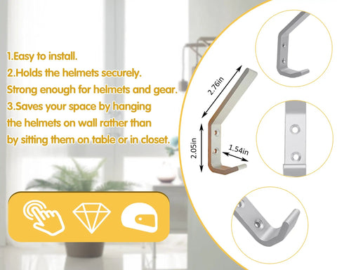 Image of measurements and features for Four Pack Motorcycle Helmet Holder Hook Wall Mount Rack with mounting screws.