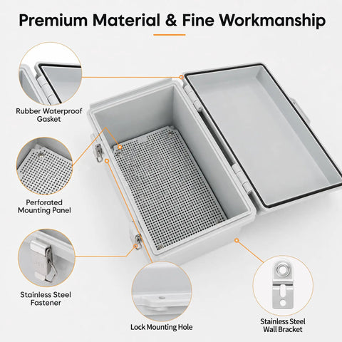 Super Heavy Duty IP67 Waterproof Junction Box With Secure Hinged Lid And Multiple Cable Glands Outdoor Electrical Enclosure built different for nasty weather days, featuring rubber gasket and stainless steel fastener.