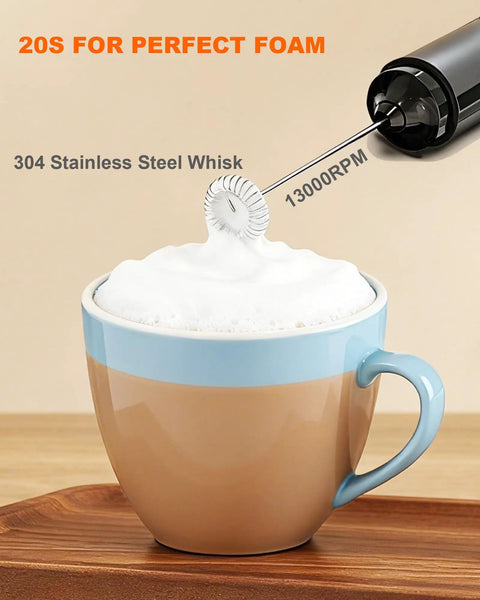 Rechargeable Milk Frother Wand With Cover Electric Drink Mixer With Stainless Steel Whisk frothing coffee in a mug