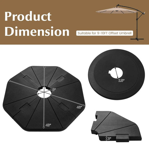 Heavy Duty Cantilever Umbrella Base Set With 4-Piece Hexagonal Water And Sand Fillable Plates For Outdoor Patios Gardens And Poolside 208 Lb Capacity Windproof Stability Cross Base Not Included showing product dimensions.