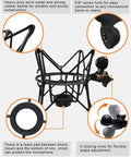 Anti Vibration Condenser Microphone Shock Mount For Studio Use showing rubber bands, screw hole, foam pad, and locking knob details