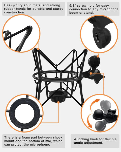 Anti Vibration Condenser Microphone Shock Mount For Studio Use showing rubber bands, screw hole, foam pad, and locking knob details