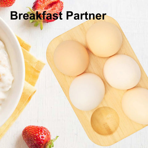 Organic Bamboo Deviled Egg Platter featuring six secure grid wells with eggs, ideal for kitchen countertop use.