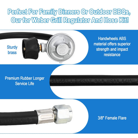 Upgraded Propane Hose And Regulator Kit For Genesis 300 And Summit 400 And 600 Series Grills Leak Free Safe Connection With Precise Gas Flow Easy Install Durable Regulator And Hose For Genesis And Summit Grills featuring a sturdy brass regulator and quality rubber hose.