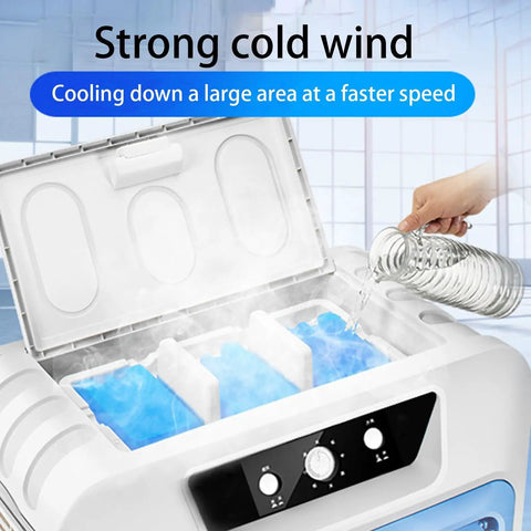 Heavy Duty Commercial Grade Jumbo Windowless Evaporative Air Cooler With Eight Ice Packs showing ice packs and water filling.