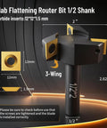 Beefy 1/2 Inch Shank Slab Flattening Router Bit With 2 Inch Cutting Diameter And 3-Wing Coated Carbide Inserts for woodworking.