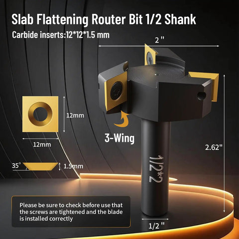 Beefy 1/2 Inch Shank Slab Flattening Router Bit With 2 Inch Cutting Diameter And 3-Wing Coated Carbide Inserts for woodworking.