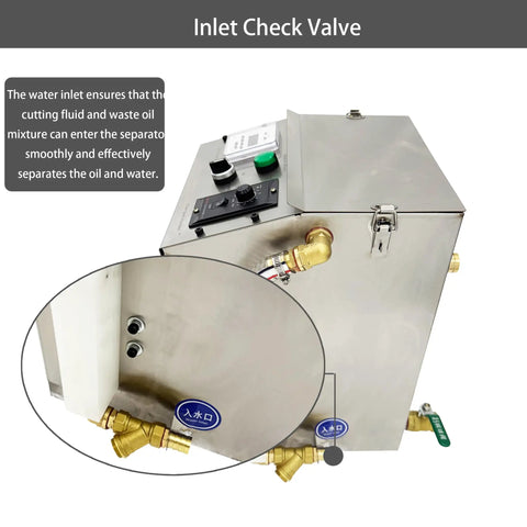Heavy Duty Industrial Coolant Oil Skimmer With Oil Water Separator For CNC Machine Cutting Fluid Recycling At 13 Gph 2Mm Filter close-up of inlet check valve and water inlet.