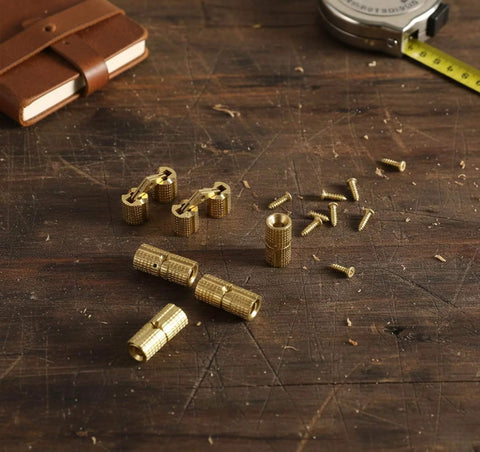 8 Pcs 8mm Solid Brass Hidden Barrel Hinges With Matching Drill Bit And Screws, 180 Degree Concealed Small Hinges displayed on a table